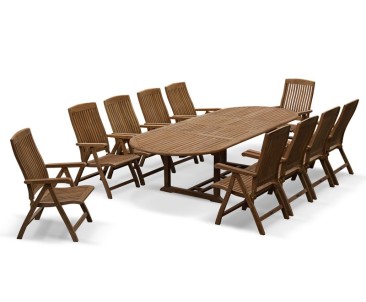 Bali Teak 10 Seater Extending Dining Table and Reclining Chairs Set
