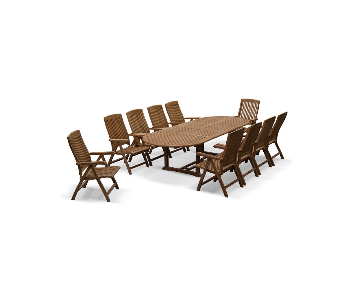 Bali Teak 10 Seater Extending Dining Table and Reclining Chairs Set