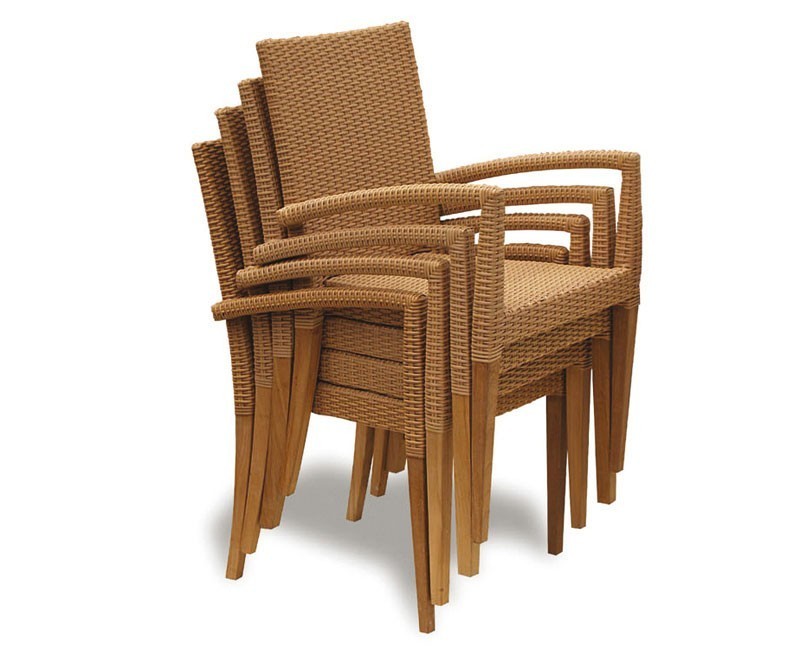 St Tropez Teak Garden Table and 6 Rattan Stackable Chairs Set