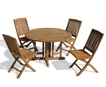 Berrington Round Garden Gateleg Table and Chairs Set - Outdoor Patio Drop Leaf Table and Folding Chairs - Folding Table