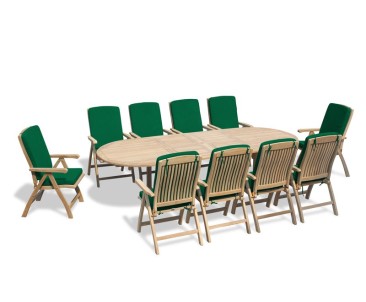 Bali Teak 10 Seater Extending Dining Table and Reclining Chairs Set