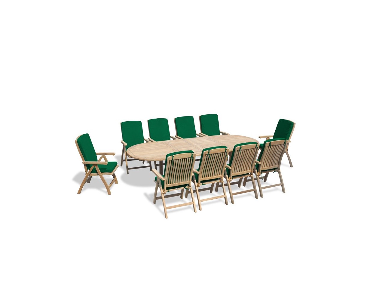 Bali Teak 10 Seater Extending Dining Table and Reclining Chairs Set