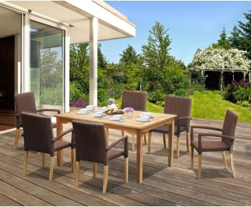 St Tropez Teak Garden Table and Rattan Stacking Chairs Set