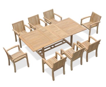 Dorchester Teak Extendable Dining Set with 8 Monaco Stacking Chairs