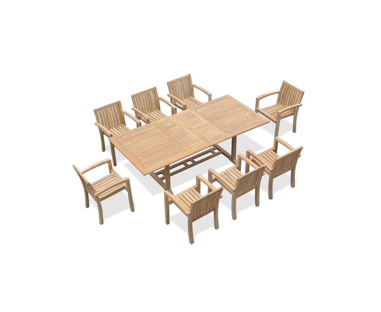 Dorchester Teak Extendable Dining Set with 8 Monaco Stacking Chairs