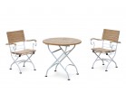 Bistro Teak & White Metal Round 0.8m Table & 2 Armchairs Set