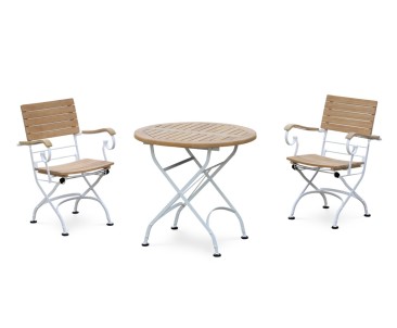 Bistro Teak & White Metal Round 0.8m Table & 2 Armchairs Set