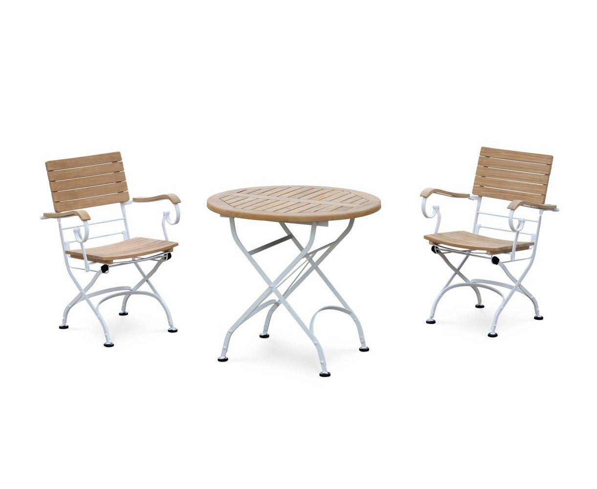 Bistro Teak & White Metal Round 0.8m Table & 2 Armchairs Set