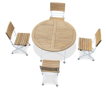 Bistro Teak & White Metal Round 1.2m Table & 4 Side Chairs Set