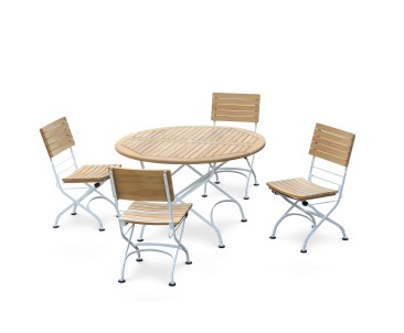 Bistro Teak & White Metal Round 1.2m Table & 4 Side Chairs Set