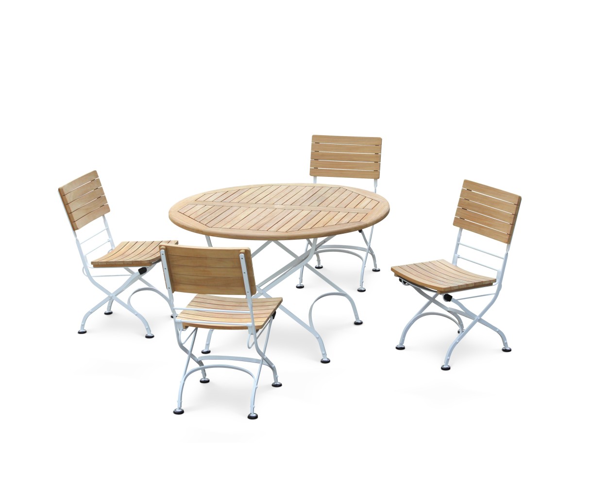 Bistro Teak & White Metal Round 1.2m Table & 4 Side Chairs Set