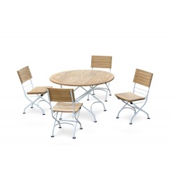 Bistro Teak Round 1.2m Table & 4 Side Chairs Set, White Satin Frame
