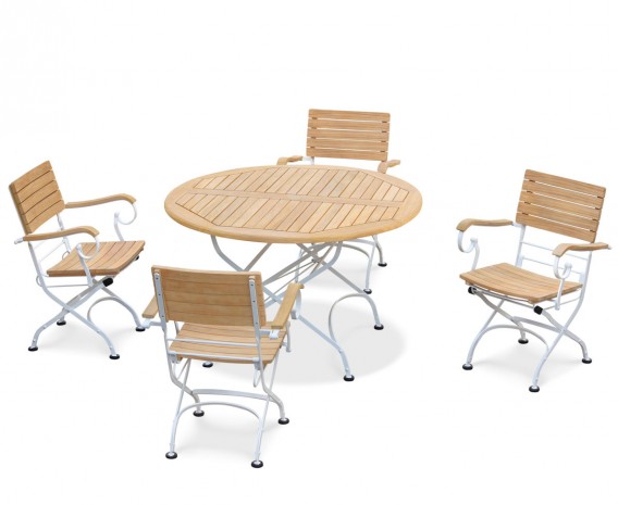 Bistro Teak & White Metal Round 1.2m Table & 4 Armchairs Set