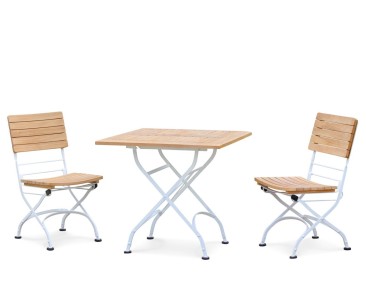 Bistro Teak & White Metal Square 0.8m Table & 2 Side Chairs Set