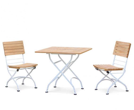 Bistro Teak & White Metal Square 0.8m Table & 2 Side Chairs Set