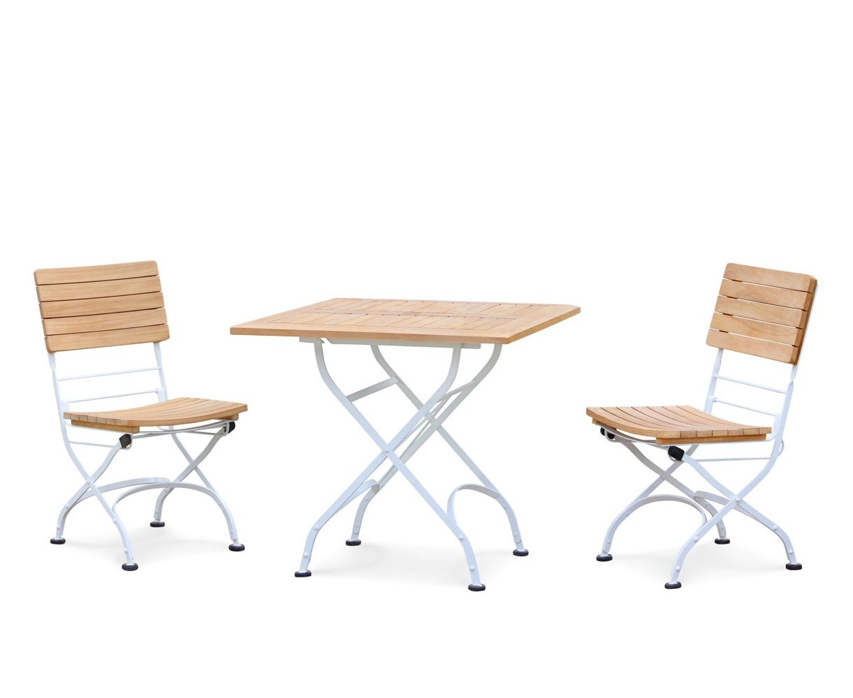 Bistro Teak & White Metal Square 0.8m Table & 2 Side Chairs Set
