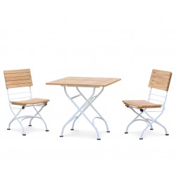 Bistro Teak Square 0.8m Table & 2 Side Chairs Set, Satin White Finish