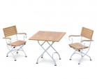 Bistro Teak & White Metal Square 0.8m Table & 2 Armchairs Set