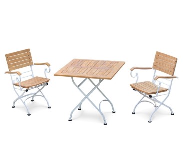 Bistro Teak & White Metal Square 0.8m Table & 2 Armchairs Set