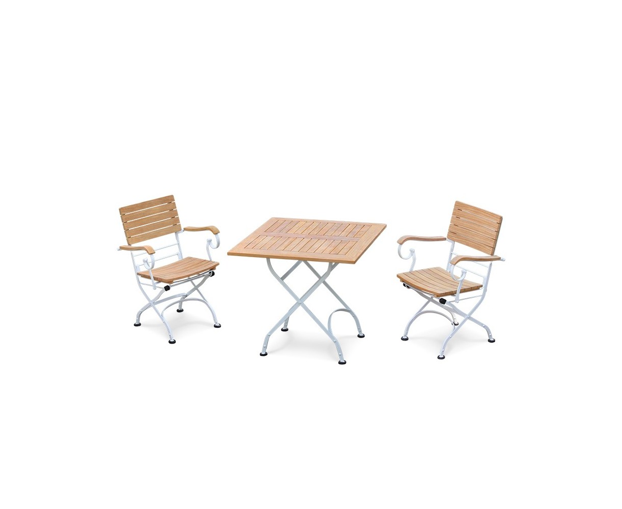 Bistro Teak & White Metal Square 0.8m Table & 2 Armchairs Set