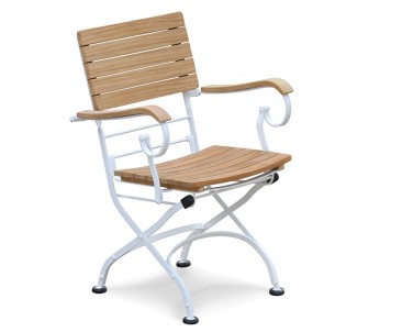 Teak Wood & White Metal Bistro Folding Armchair