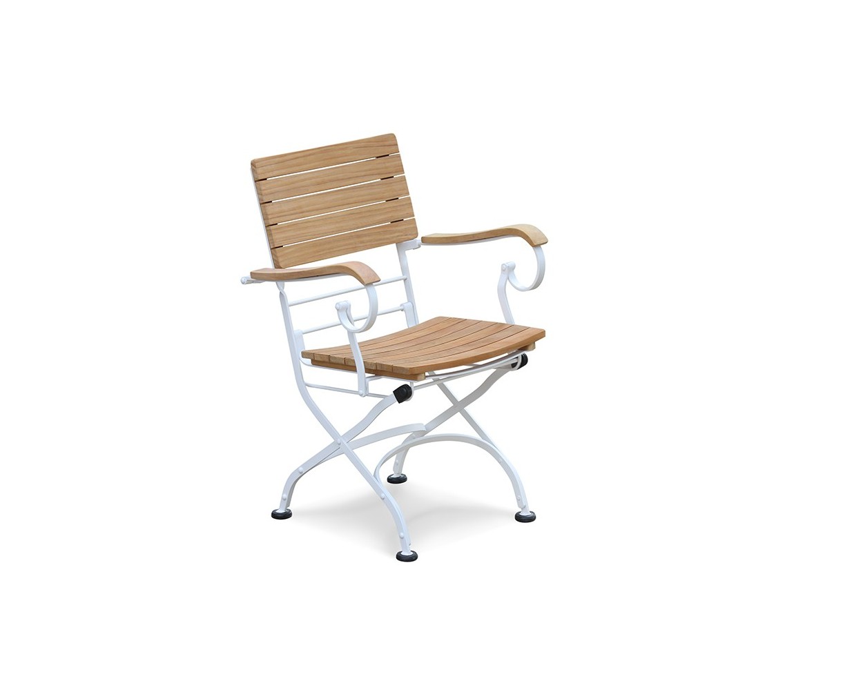 Teak Wood & White Metal Bistro Folding Armchair