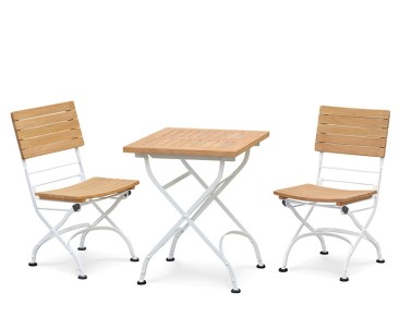 Bistro Teak Square 0.6m Table & 2 Side Chairs Set, Satin White Finish