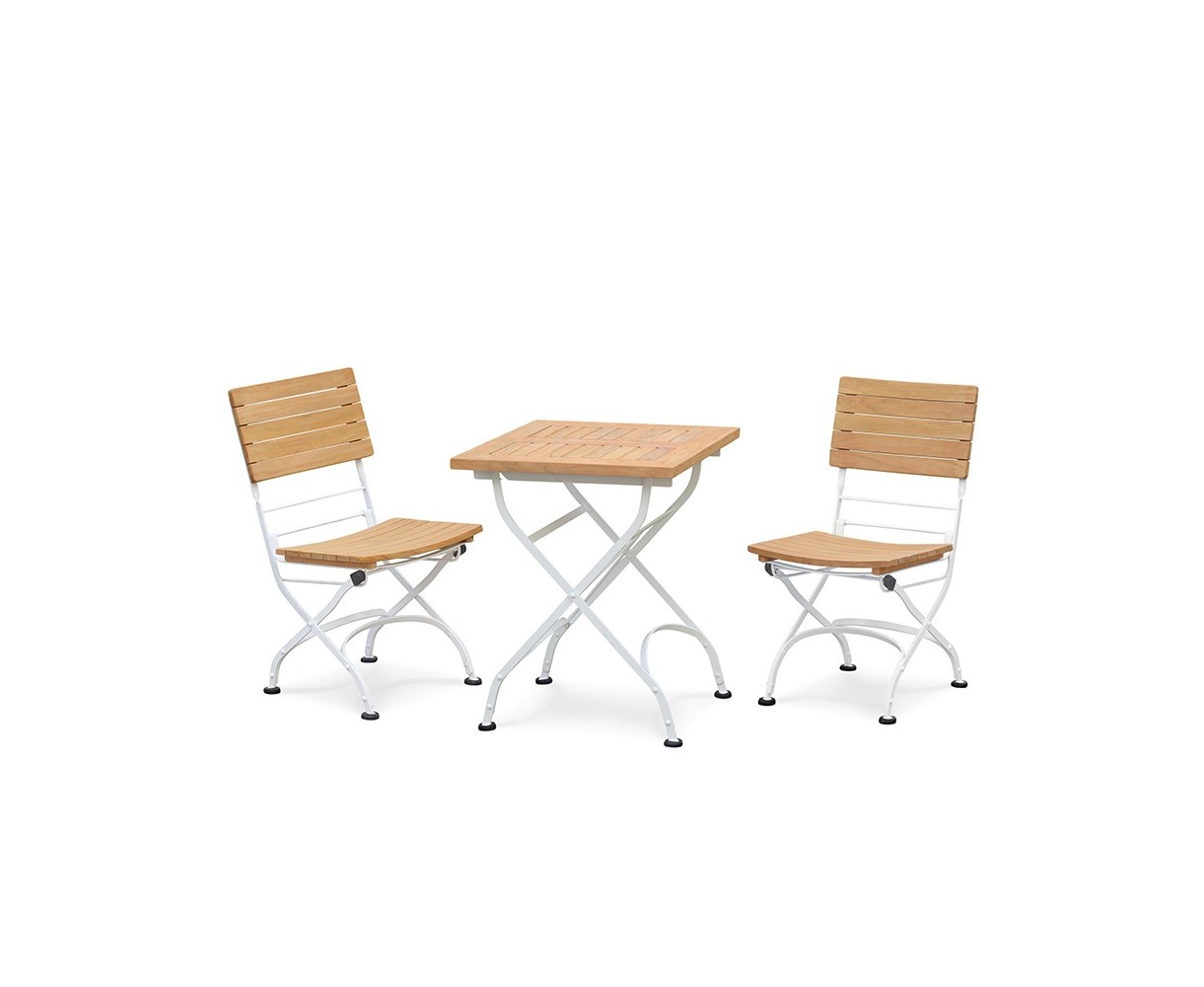 Bistro Teak Square 0.6m Table & 2 Side Chairs Set, Satin White Finish