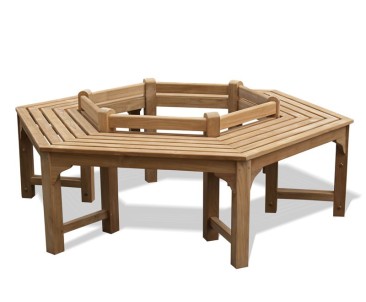 Hexagonal Teak Tree Seat- Low Back - 4+ Seater Garden Benches