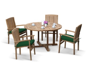 Canfield Round Patio Table and 4 Bali Stacking Chairs - Armchairs