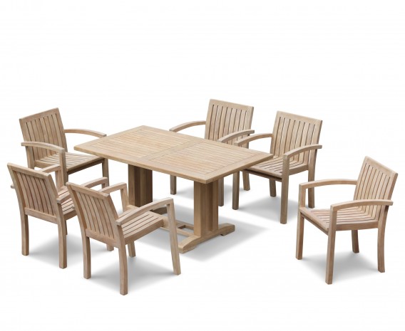 Cadogan 6 Seater Teak Wood Dining Table 1.5m & Monaco Stacking Chairs