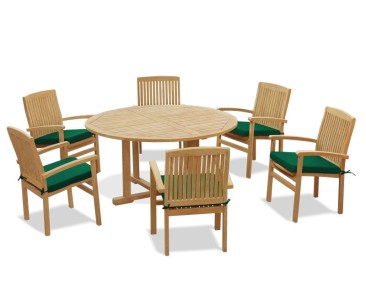 6 Seater Teak Garden Furniture Set with Canfield Round Table 1.5m & Bali Stacking Chairs