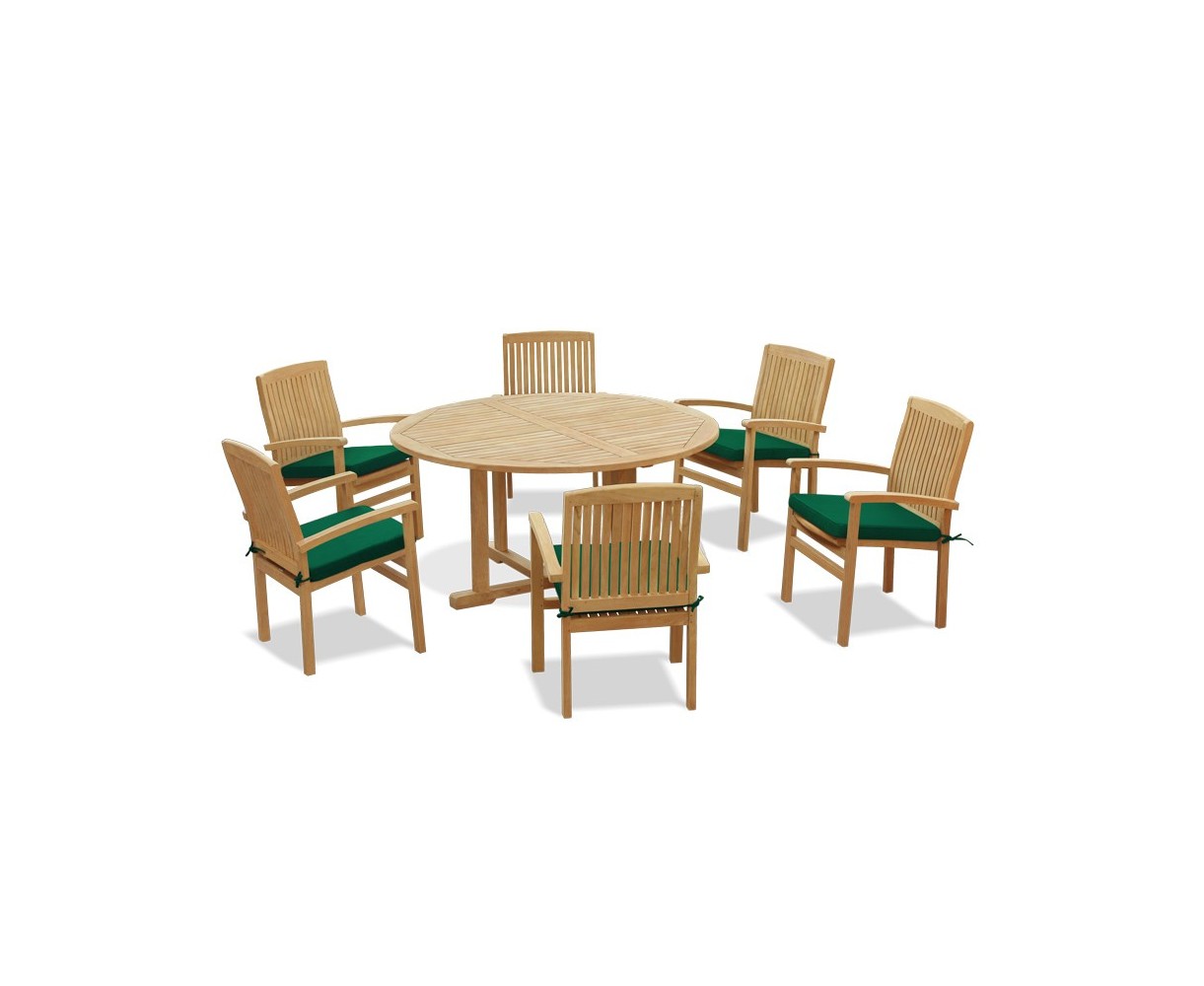 6 Seater Teak Garden Furniture Set with Canfield Round Table 1.5m & Bali Stacking Chairs