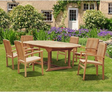 Brompton Bali Teak Extendable Dining Table Set With 6 Stackable Chairs