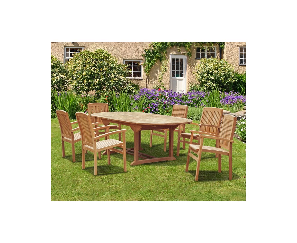 Brompton Bali Teak Extendable Dining Table Set With 6 Stackable Chairs