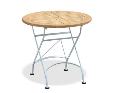 Bistro Teak & White Metal Round 0.8m Table & 2 Armchairs Set