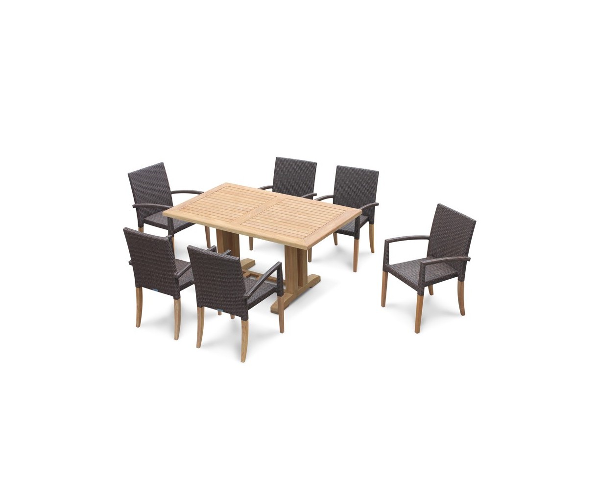 Cadogan Teak Pedestal Table 1.5m & 6 St. Tropez Rattan Stacking Chairs