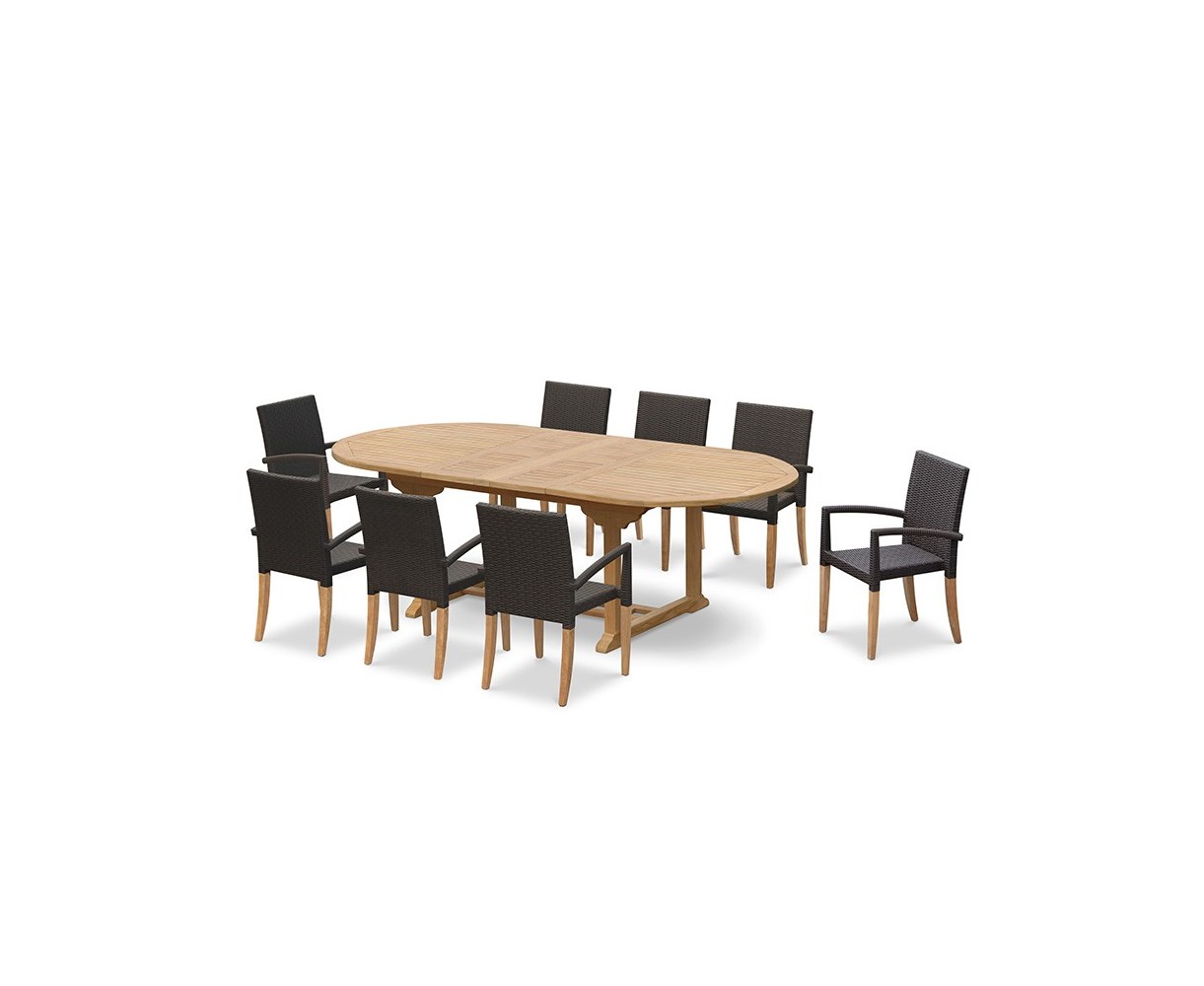 St Tropez 8 Seater Teak Table and Wicker Stacking Chairs Dining Set