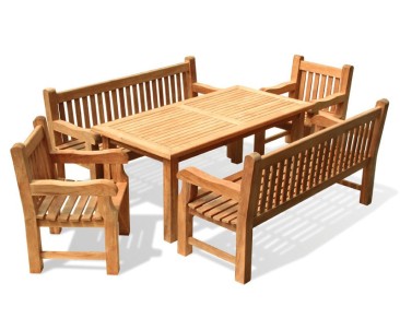 Balmoral Teak Dining Table and Benches Set - 1.8m - Fixed Table