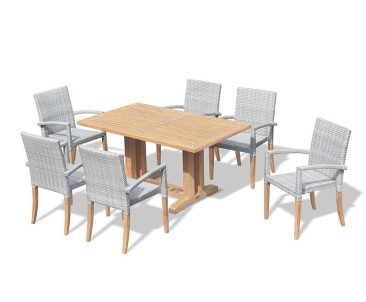 Cadogan Teak Pedestal Table 1.5m & 6 St. Tropez Rattan Stacking Chairs