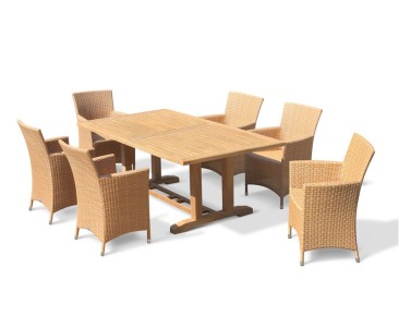 Cadogan Teak Wood Pedestal Table 2m & 6 Riviera Rattan Chairs