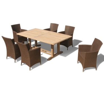 Cadogan Teak Wood Pedestal Table 2m & 6 Riviera Rattan Chairs