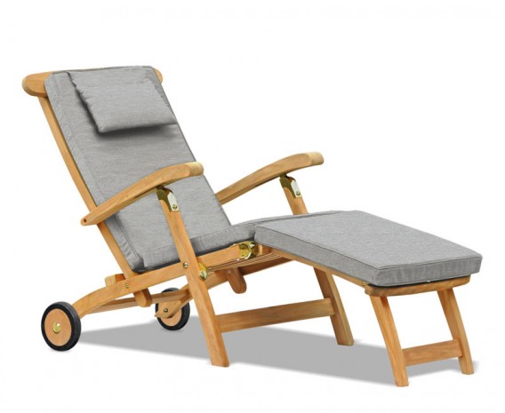 Halo Teak Steamer Chair with Cushion, Wheels & Brass Fittings