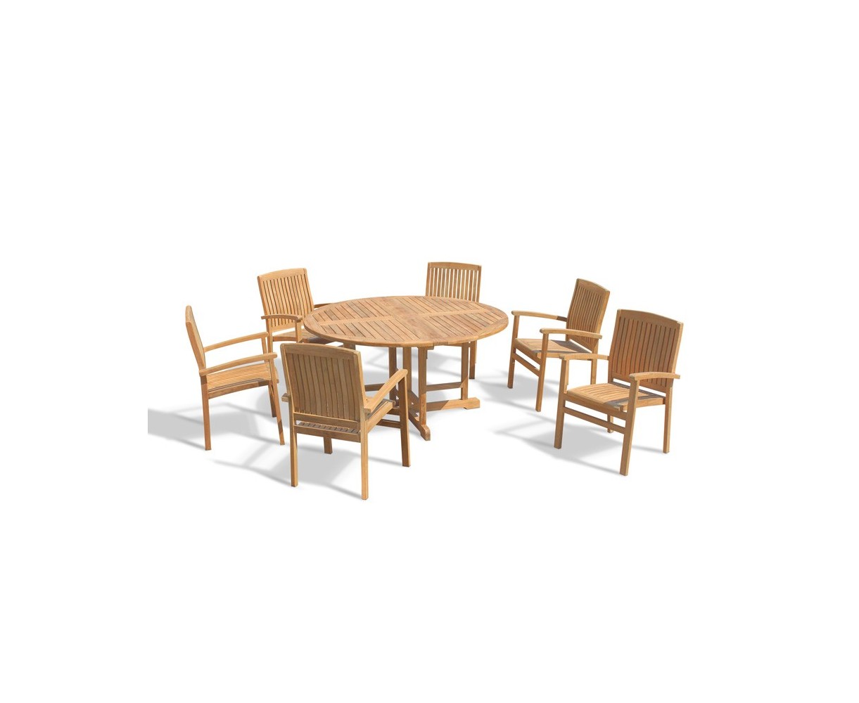 Berrington 6 Seater Round Folding Garden Table 1.5m and Bali Teak Stacking Chairs