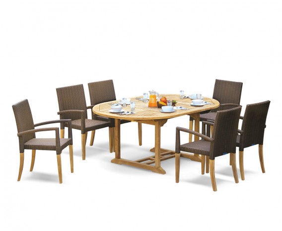St Tropez Teak Garden Table and 6 Rattan Stackable Chairs Set