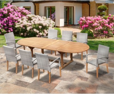 St Tropez 8 Seater Teak Table and Wicker Stacking Chairs Dining Set