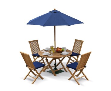 Suffolk Teak Round Folding Table and 4 Chairs Set - Outdoor Patio Teak Dining Set