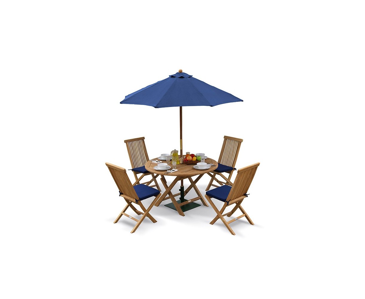 Suffolk Teak Round Folding Table and 4 Chairs Set - Outdoor Patio Teak Dining Set