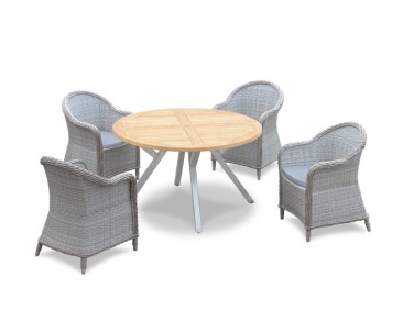 Disk Round Teak Garden Table 1.3m and 4 Eaton Rattan Armchairs