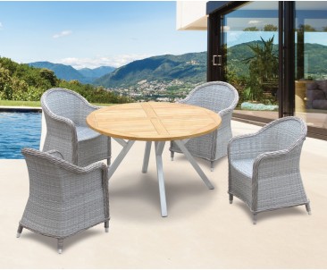 Disk Round Teak Garden Table 1.3m and 4 Eaton Rattan Armchairs